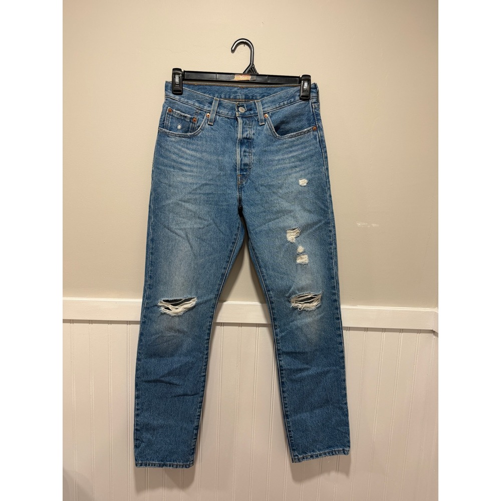 Levi's 501 Button Fly Straight Leg Distressed Jeans Medium Wash Women Size 27x30